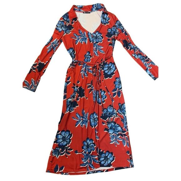 ZARA Plunge Tropical Floral Print Button Front Tie Waist Long Sleeve Midi Dress - Picture 7 of 14
